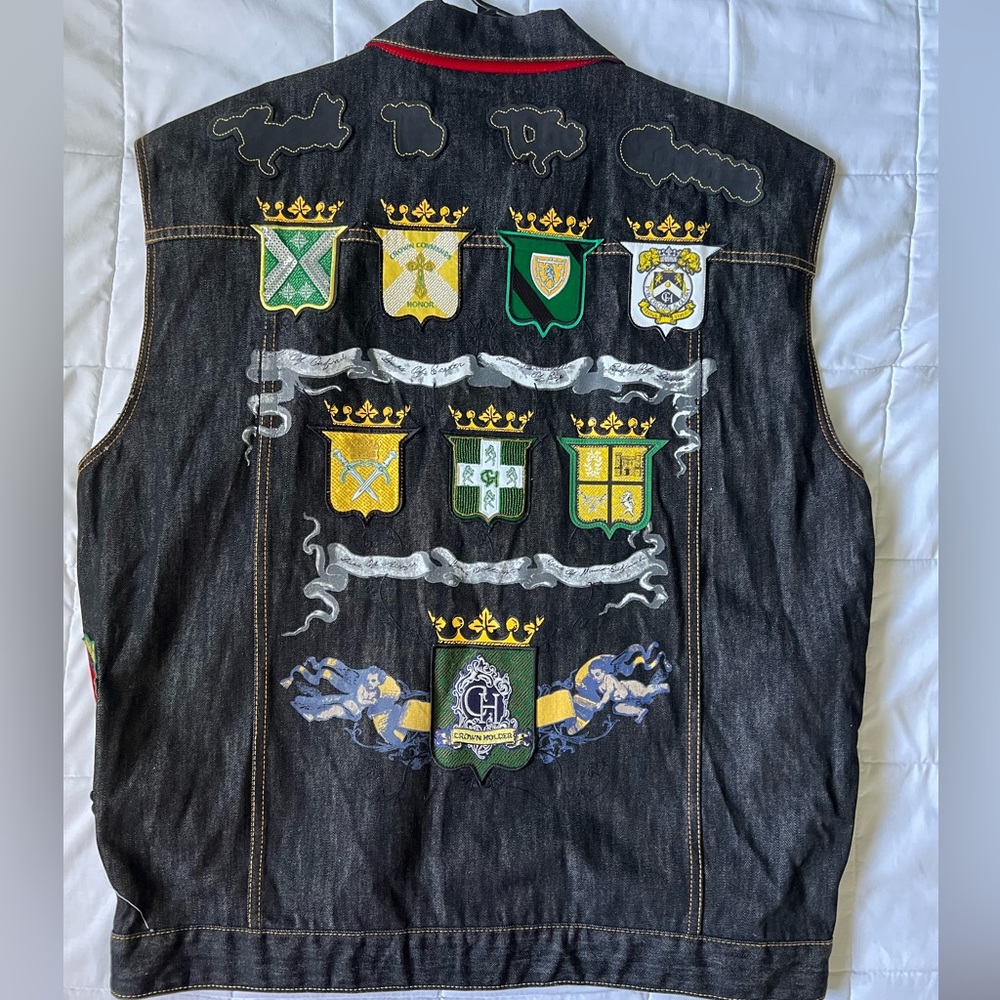 Crown Holder Mens Black Gold Denim 4XL Jean Jacket / Vest Patches Embroidered.